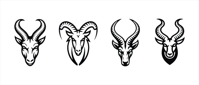 goat head, markhor head vector set hand drawn illustration on white background,