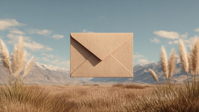 Beige envelope floats over a golden landscape