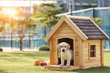 Cute light-yellow puppy inside wooden dog house outdoors