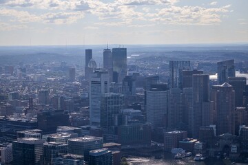 Aerial view of Boston's skyline with modern skyscrapers.