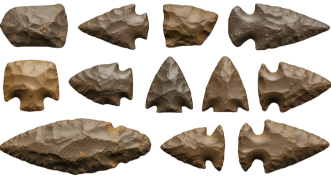 Collection Of Ancient Stone Arrowheads On Transparent Background Illustration