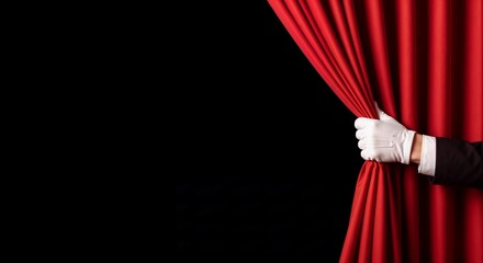 Stage curtain revealing black space with elegant white-gloved hand, adding intrigue. This stage curtain is drawn aside, highlighting elegant presentation, luxury unveiling.