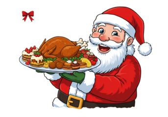 Cheerful Santa Holding Festive Christmas Feast Illustration