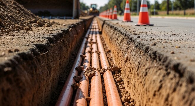 Construction site shows digging trench for laying pipes. Digging trench process includes laying pipes alongside road for utilities or cables.