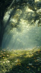 Obraz premium Sunbeams Shining Through Forest Trees with Wildflowers