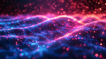 Abstract digital technology background with flowing data streams, glowing neural networks, holographic interface elements, floating geometric shapes