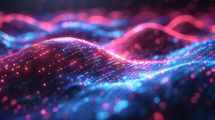 Abstract digital technology background with flowing data streams, glowing neural networks, holographic interface elements, floating geometric shapes