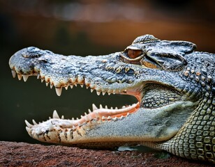 Obraz premium close up of a crocodile head with open mouth showing teeth and textured skin details