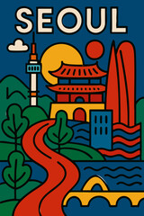 Stylized Seoul Cityscape Travel Poster
