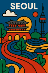 Obraz premium Stylized Seoul Cityscape Travel Poster