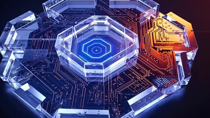 Clear geometric shapes enclose circuit patterns, lit with blue and orange - Powered by Adobe