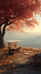 Wooden Bench Under Autumnal Tree Overlooking Mountain View Landscape, Fallen Leaves on the Path