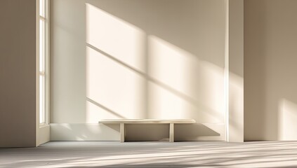 Empty room, sunlight streams through window, simple bench