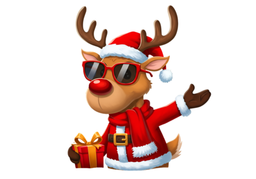Christmas Illustration Of Cute Reindeer Santa Holding A Gift And Sunglasses