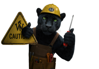 Cartoon Construction Panther Holding Caution Sign and Screwdriver Illustration