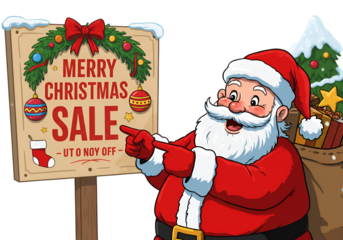 Christmas Illustration of Santa Claus Pointing at Merry Christmas Sale Sign
