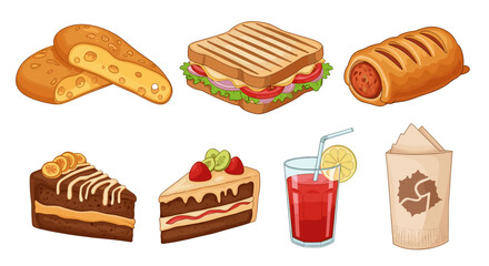 Cartoon depiction of variety of food items including bread and sandwich