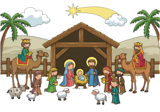 Christmas Nativity Illustration With Holy Family and Wise Men