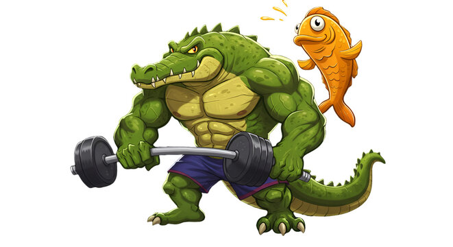 Cartoon Crocodile And Fish Lifting Weights Illustration On Black Background