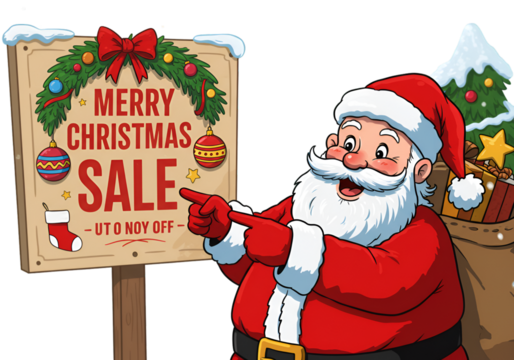 Christmas Illustration of Santa Claus Pointing at Merry Christmas Sale Sign
