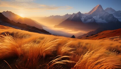 golden grass undulates in the wind as the sun rises contrasting with the snow capped peaks of the mountains shrouded in mist in the background generative ai