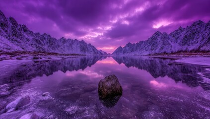 Frozen lake, vibrant purple sunset reflecting in still water, dramatic mountain range