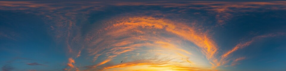 360 panorama of glowing sunset sky with bright pink Cirrus clouds. HDR 360 seamless spherical panorama. Full zenith or sky dome sky replacement for aerial drone panoramas. Climate and weather change.