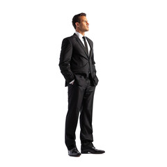 Confident businessman in a black suit standing with hands in pockets isolated on transparent background