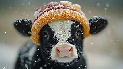 Cute calf wearing a knitted hat in the snow.