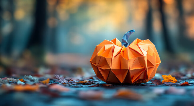 Origami pumpkin in autumn woods. A vibrant origami pumpkin sits on a forest path covered in colorful autumn leaves during the golden hour.