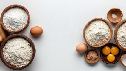 Baking ingredients arranged on a white surface.  Wooden bowls of flour, eggs, and yolks