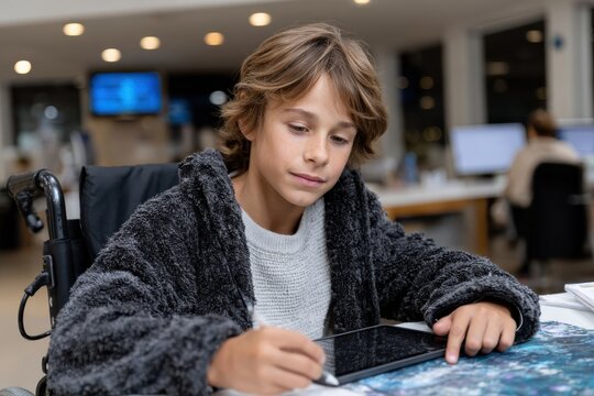 A boy in a wheelchair is deeply engaged in his creative work, demonstrating the power of determination and the joy of expression in a supportive setting.