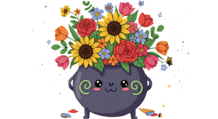 Cute Floral Illustration Of A Pot With Colorful Flowers Against Black Background