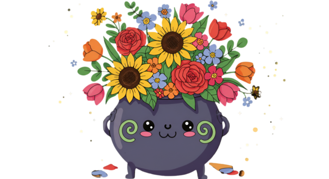 Cute Floral Illustration Of A Pot With Colorful Flowers Against Black Background - Powered by Adobe