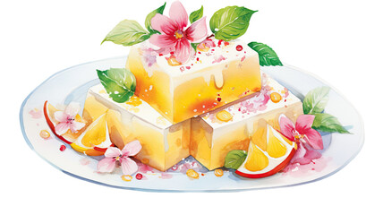 Delicious cake topped with assorted fresh fruits and cream decoration isolated on white background