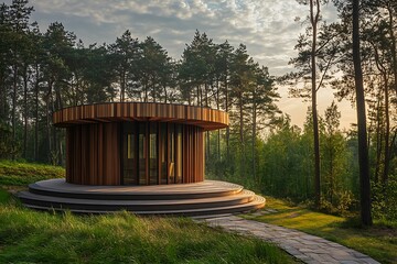 Wooden Pod Structure Surrounded by Pine Trees at Sunset with Stone Path in Nature