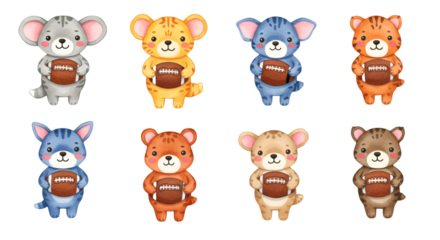 Cute Cartoon Animals with Football Illustration on Transparent Background