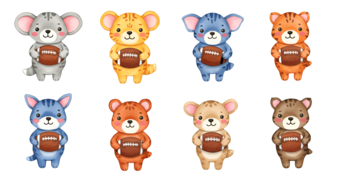 Cute Cartoon Animals with Football Illustration on Transparent Background