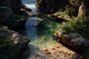 Tranquil Seaside View with Clear Water and Starfish on Sandy Beach in Nature