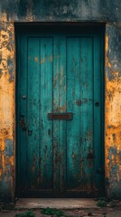 Old Teal Door Entrance Weathered Vintage Building Facade