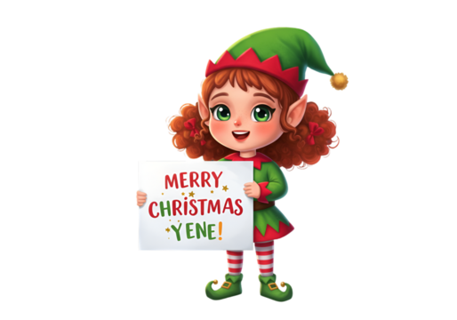 Cute Illustration Of A Christmas Elf Girl Holding Merry Christmas Card