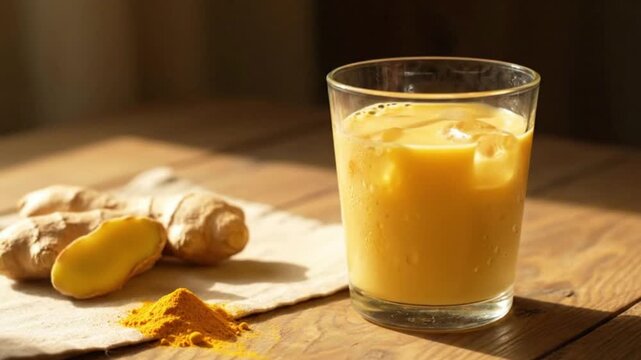 Turmeric drink being poured into glass with ginger root  turmeric powder on table