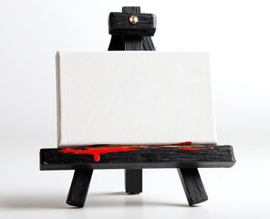 Small black wooden easel with blank white canvas.  Red paint drips on bottom edge