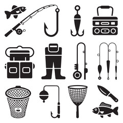 Vector art of a comprehensive set of black and white silhouette icons illustrating various essential items for fishing Vector Art