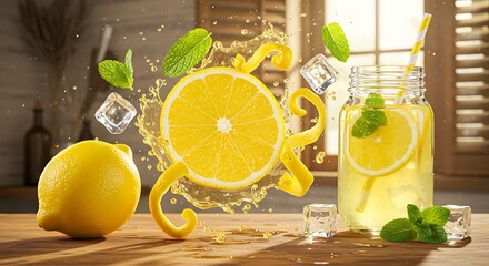 A vibrant and refreshing lemonade scene featuring a dynamic lemon slice splash, floating ice cubes, and fresh mint leaves, set on a rustic wooden surface.