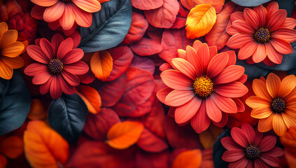 Fototapeta premium Bright flowers and warm leaves. Vibrant orange and red flowers paired with green leaves showcase nature's beauty in a lively arrangement.