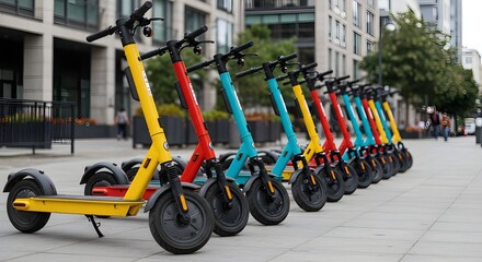 Line of electric scooters parked on a city sidewalk, modern micromobility solution, urban transportation, clean and sustainable commute, shared electric scooters, eco-friendly mobility, smart city t.