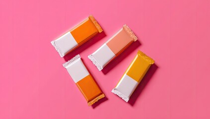 Four wrapped snacks, various orange and peach tones, on a pink background