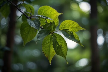 Fototapeta premium Sunlit green leaves in a forest with soft bokeh background