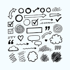 Hand drawn doodle elements set. Vector sketch arrows, circles, highlight marks.